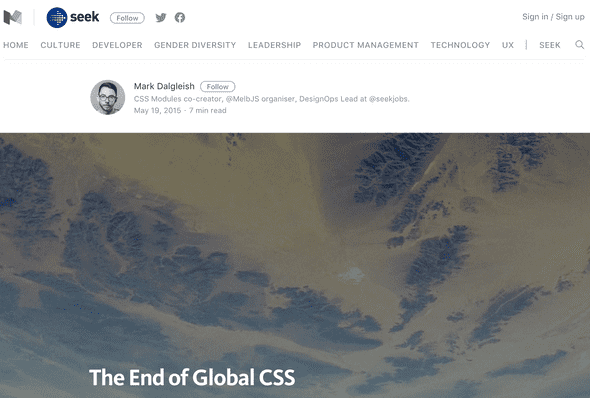 A screenshot of The End of Global CSS article on Medium